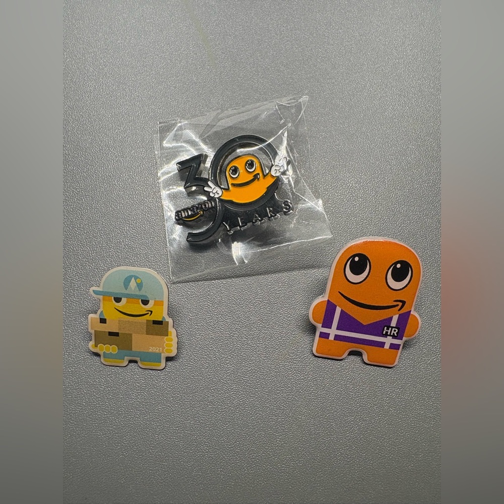 3 Lot Bundle Peccy Amazon Pins Pinbacks HR 30 Years 2021 Collectible Worker Fun